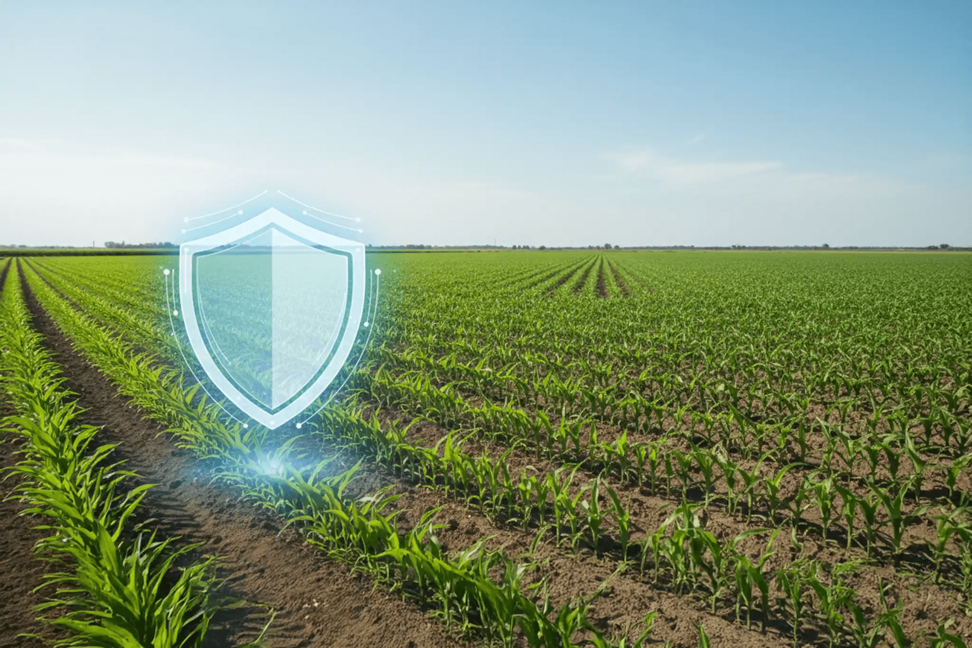 Young crop rows under a protective shield symbol